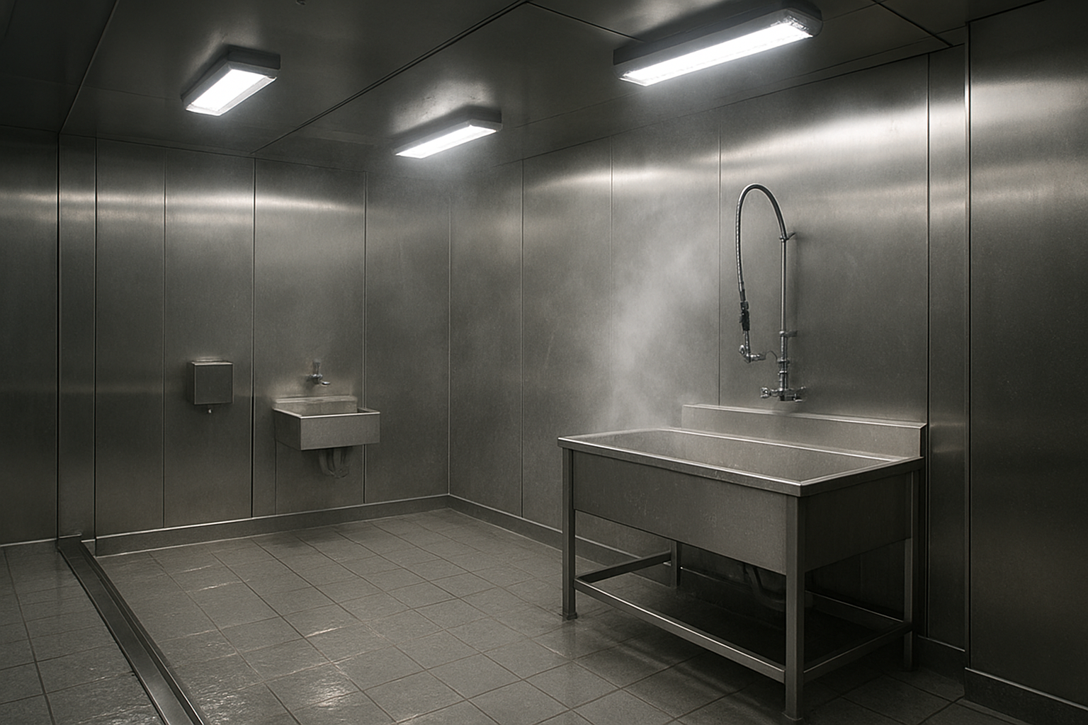 등기구의 화학적 노출을 보여주는 산업 세척 환경