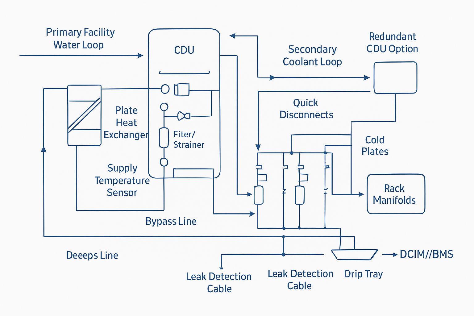A CDU-secondary loop diagram showing manifolds, sensors, redundancy, and isolation