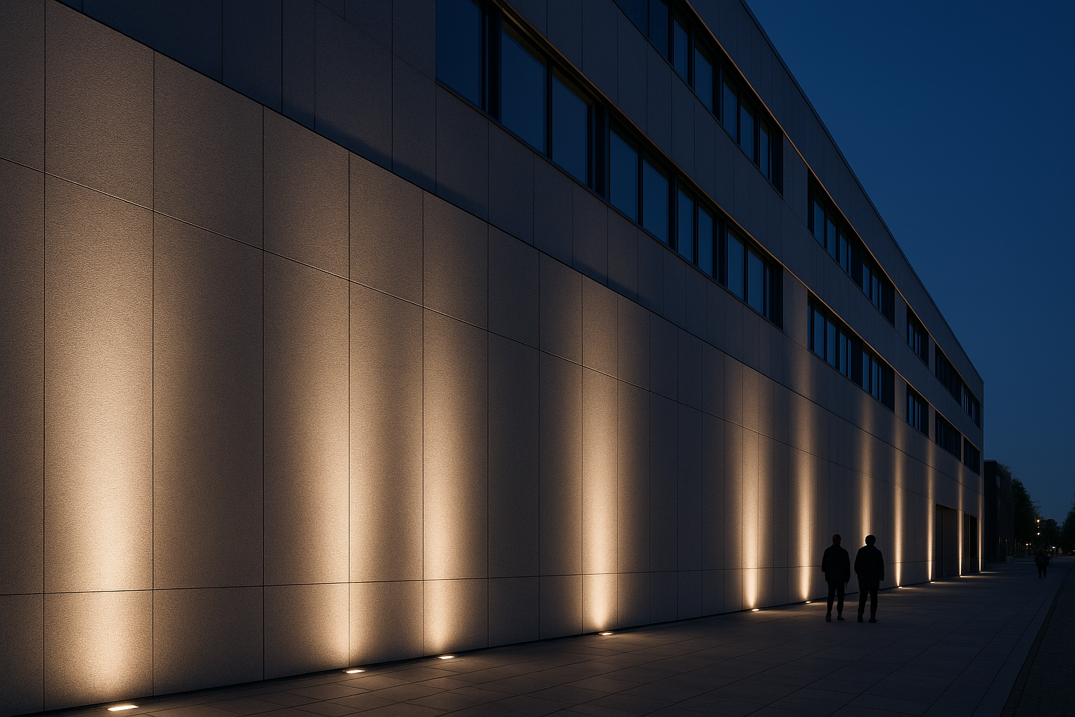 Building facade wall-wash lighting with LED flood lights and comfortable glare control