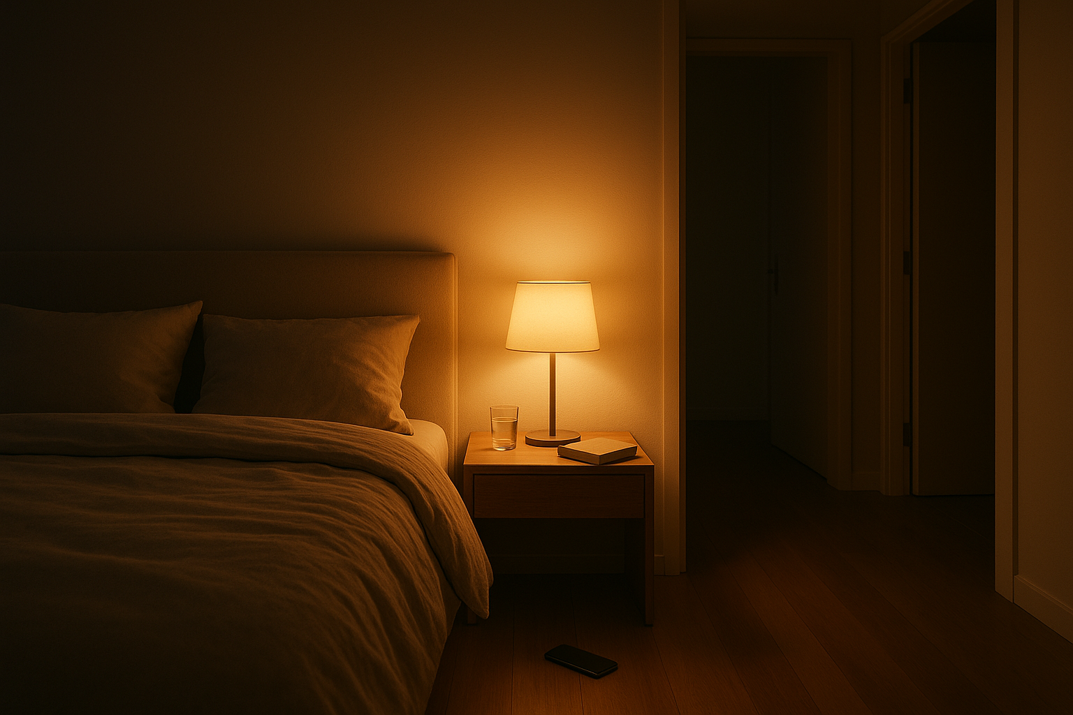 A calm, clutter-free bedroom at night with warm lamplight, a clear walkway, and a phone kept away from the bed