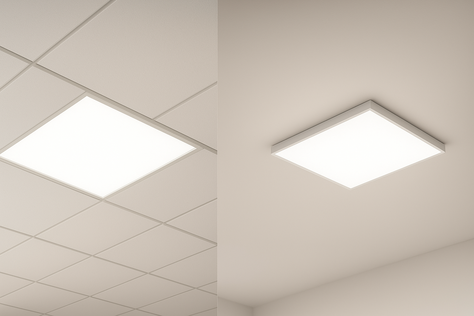 Aesthetic comparison: flush recessed panel in grid ceiling vs slim surface-mounted panel on solid ceiling