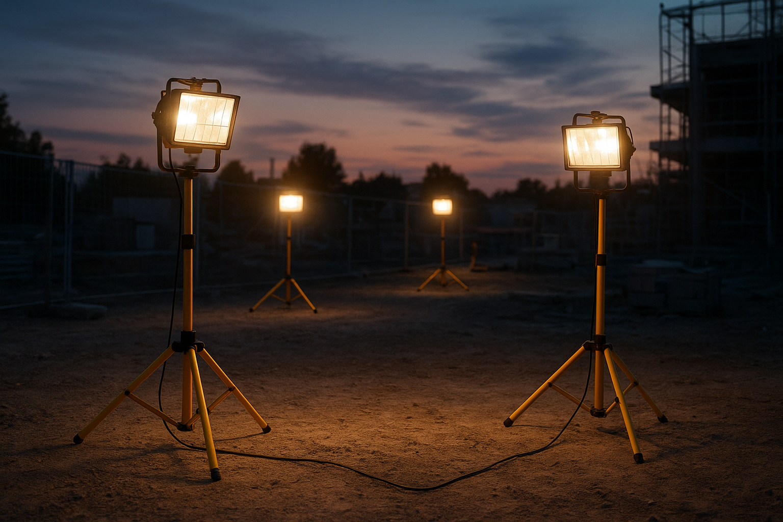 Temporary halogen work lights on a construction site at dusk