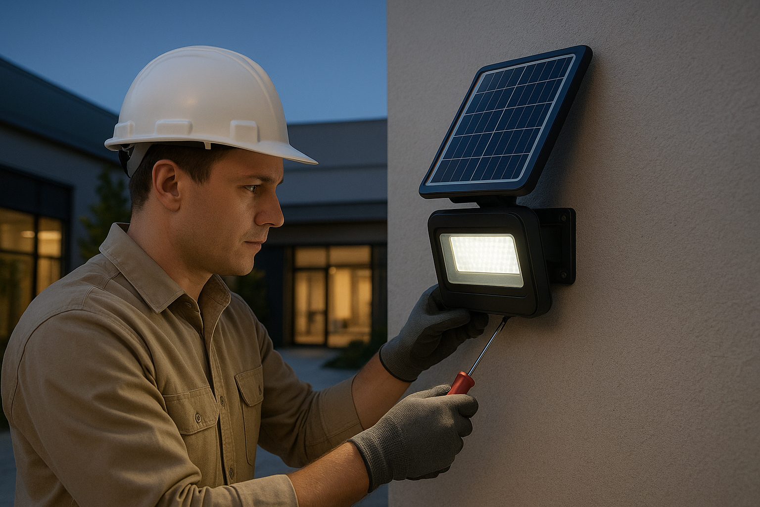 Technician installing an integrated all-in-one solar flood light with minimal tools and cabling