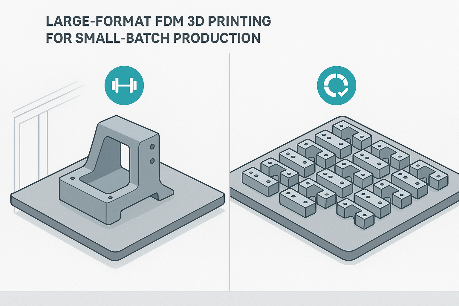 Illustration showing one-piece large jig printing vs multi-up nested parts on a large build plate