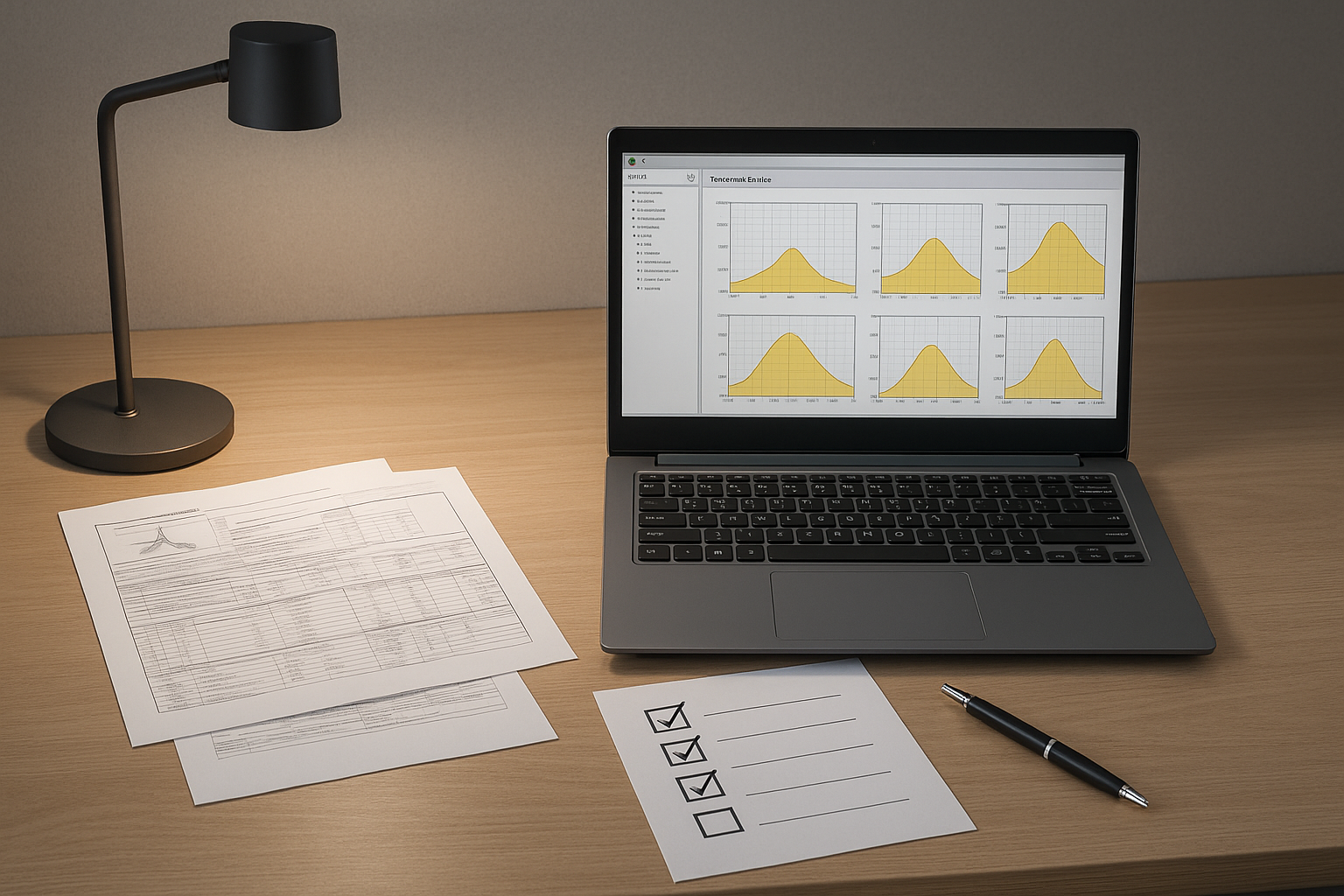 Lighting specification documents and procurement checklist on a desk