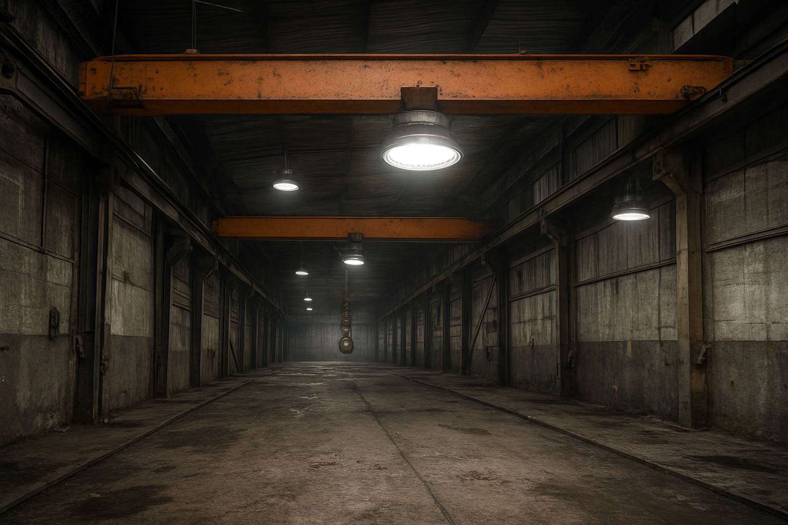 머리 위 산업용 조명 및 충격 위험이 있는 크레인 베이