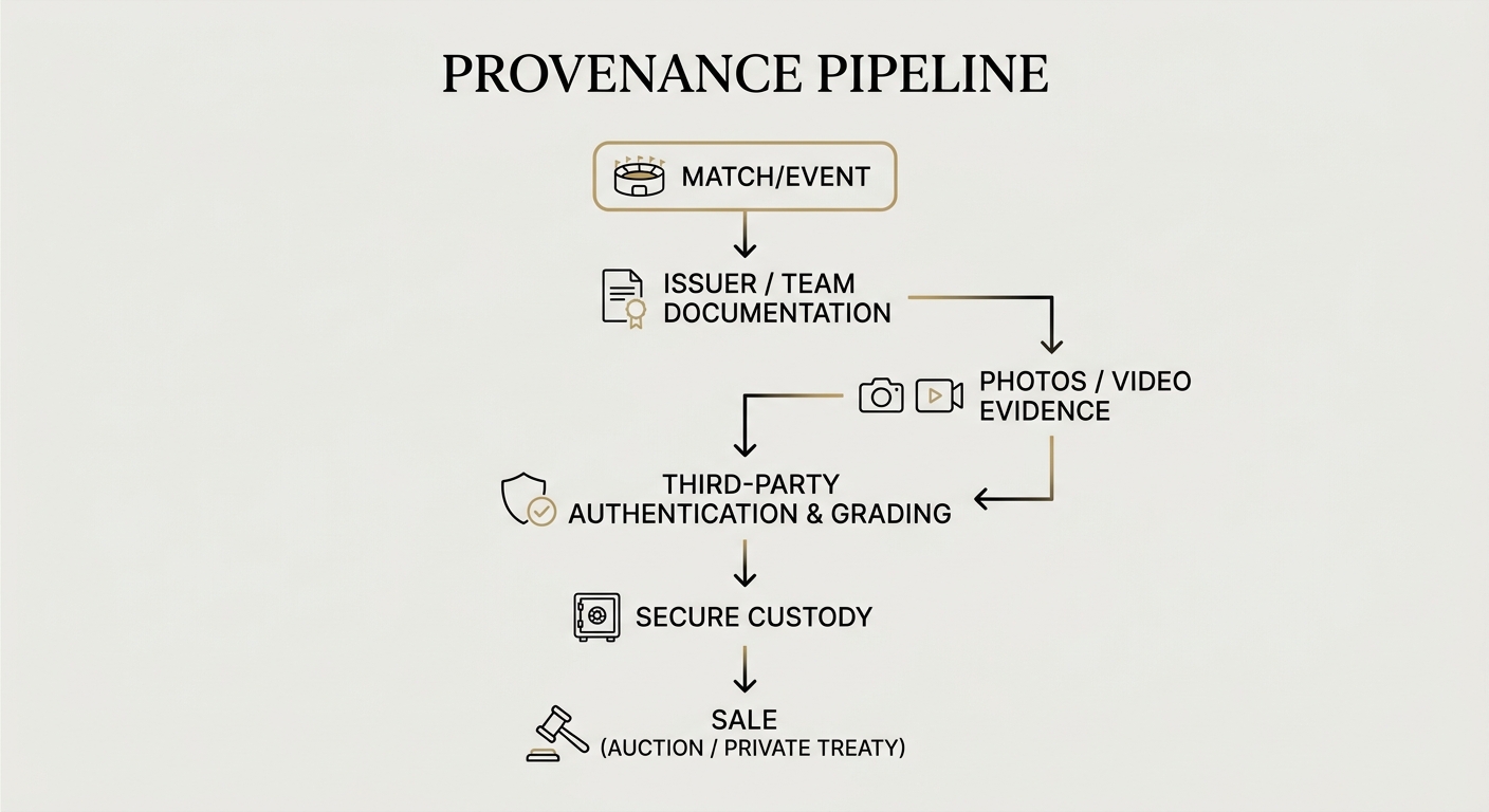 A provenance flowchart from match/event → documentation → third‑party authentication/grading → secure custody → sale.