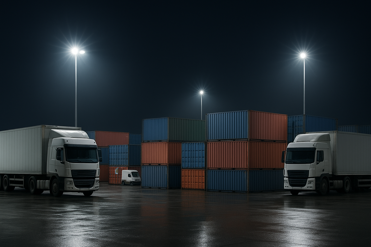 Industrial logistics yard at night lit by LED flood lights, emphasizing reliability