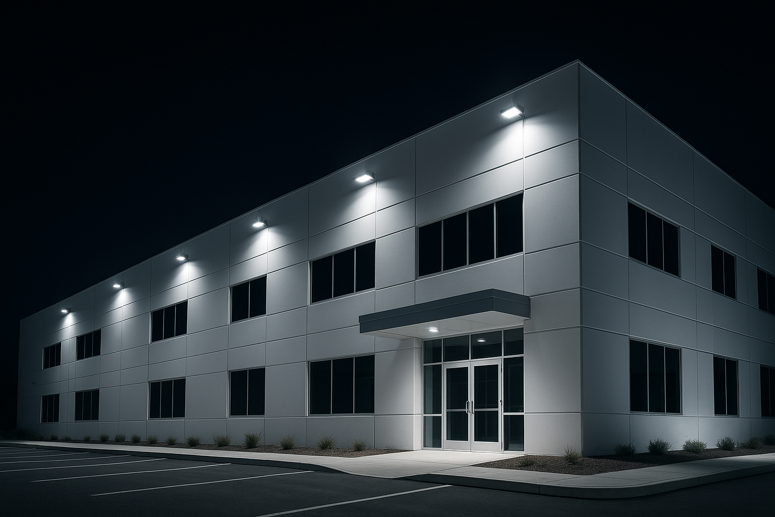 LED flood lights illuminating a commercial building at night