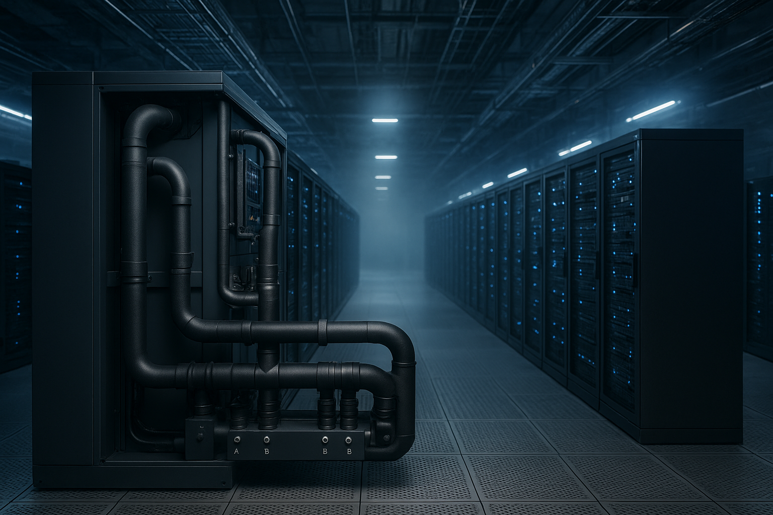 A schematic view of data center liquid cooling loops with CDUs and AI racks