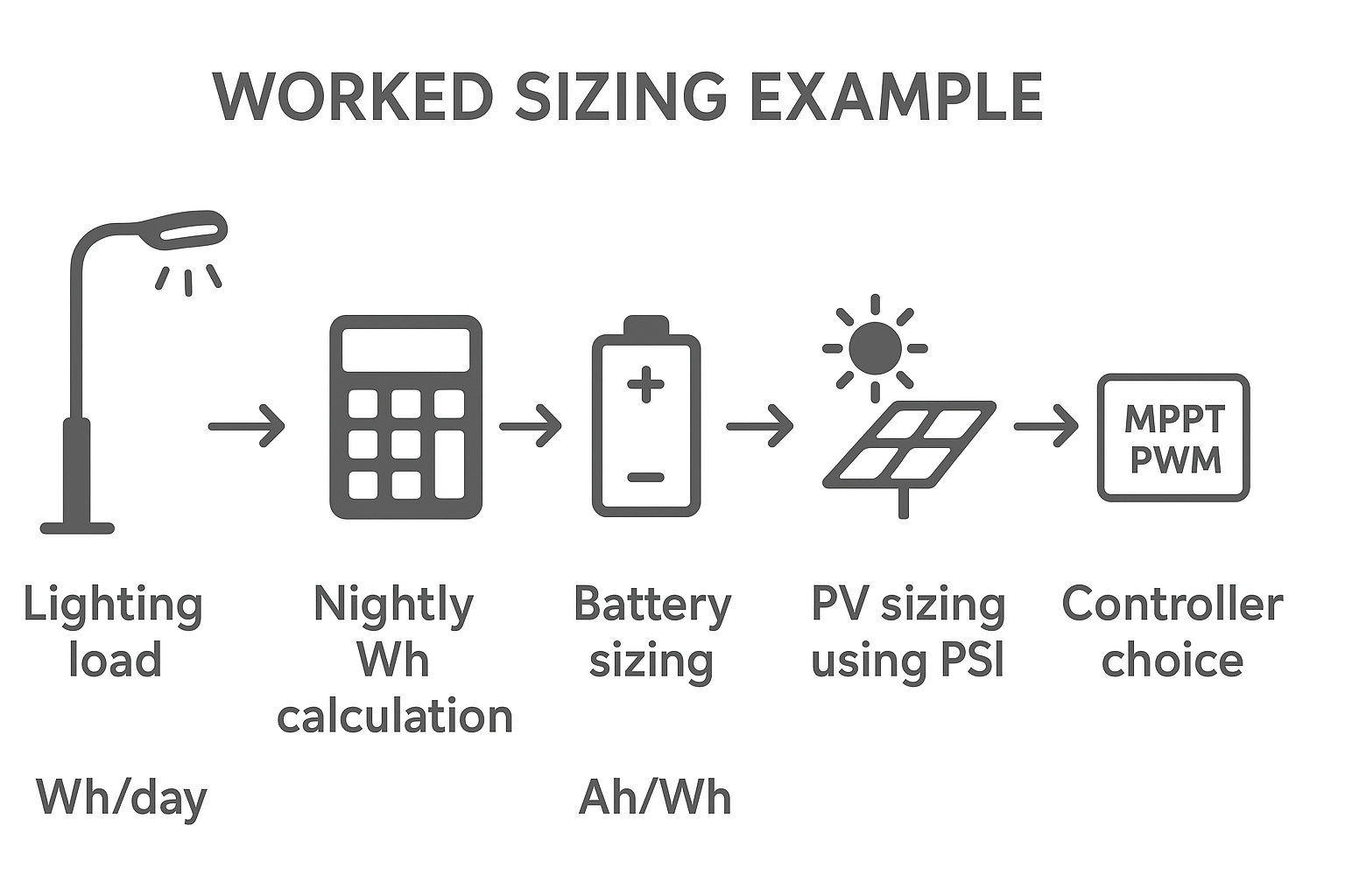 Sizing workflow from lighting load to battery and PV sizing using worst-month PSH