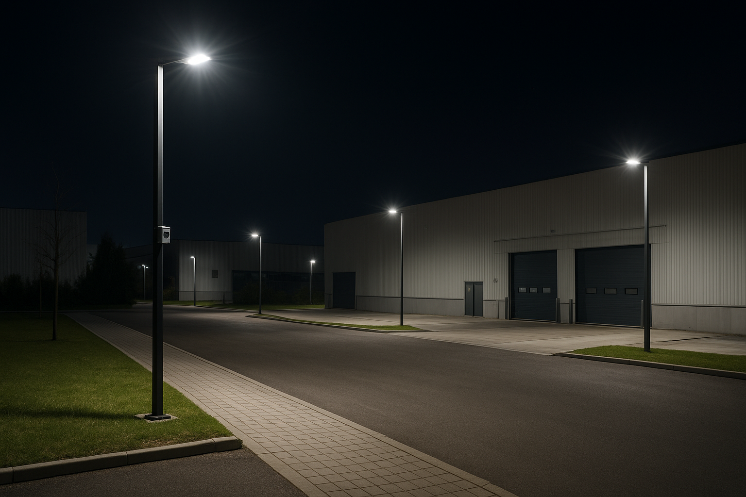 Industrial yard lighting with outdoor controls and sensors
