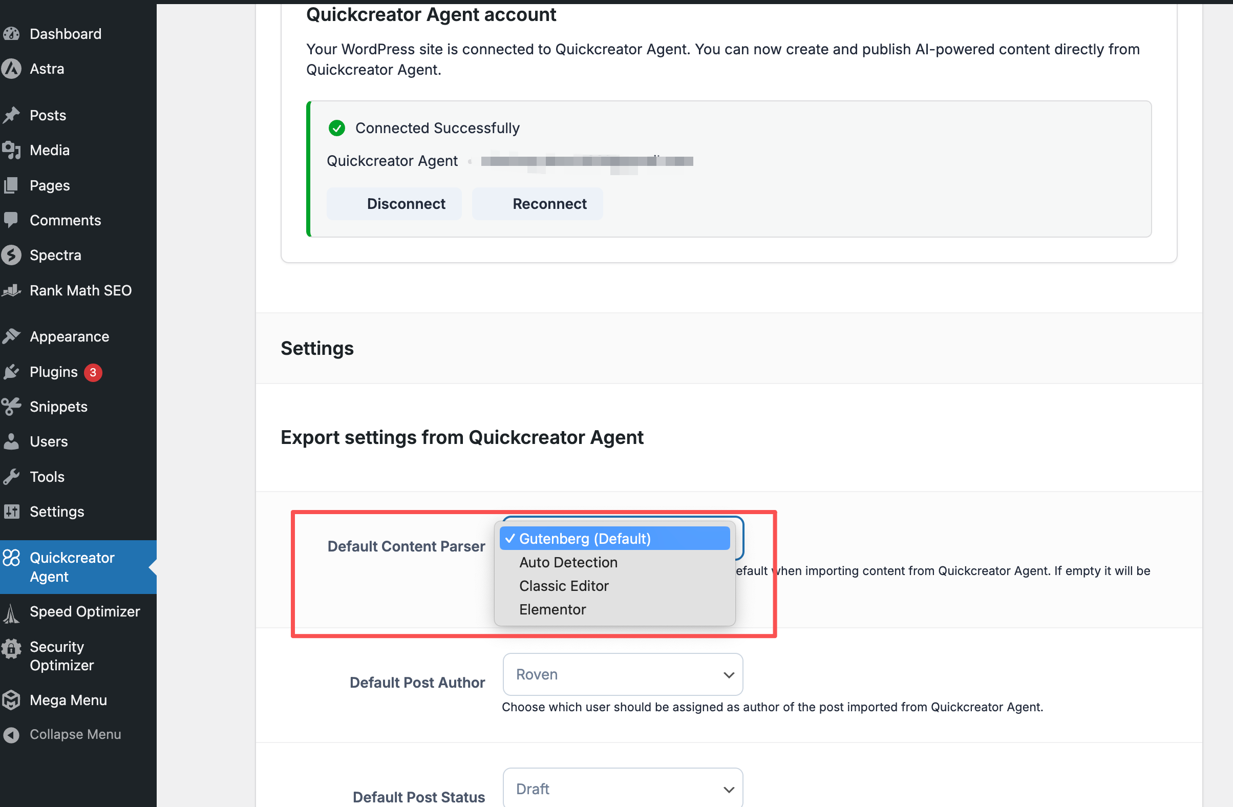 QuickCreator agent pipeline dashboard connected to WordPress publishing