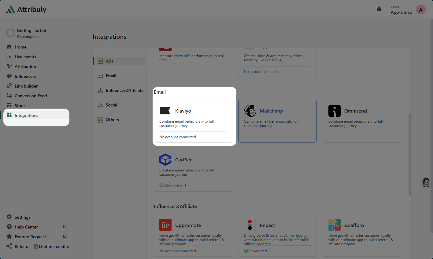 Attribuly integrations dashboard showing the Klaviyo integration card and connection status