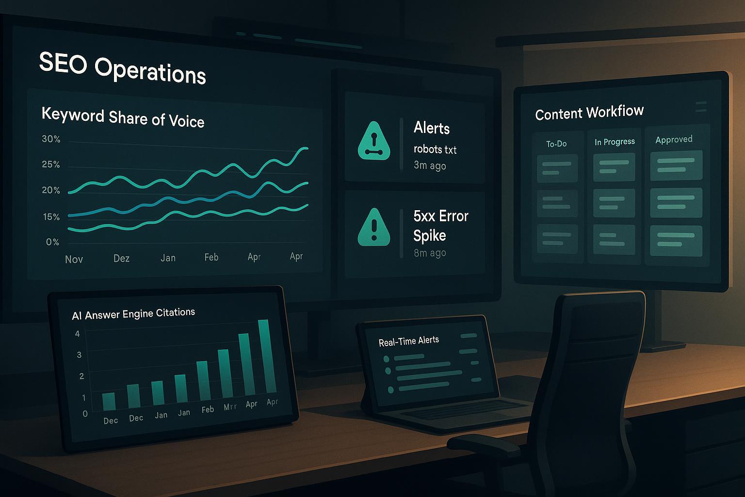 Enterprise SEO command center with AI content, AEO visibility charts, and real-time monitoring alerts