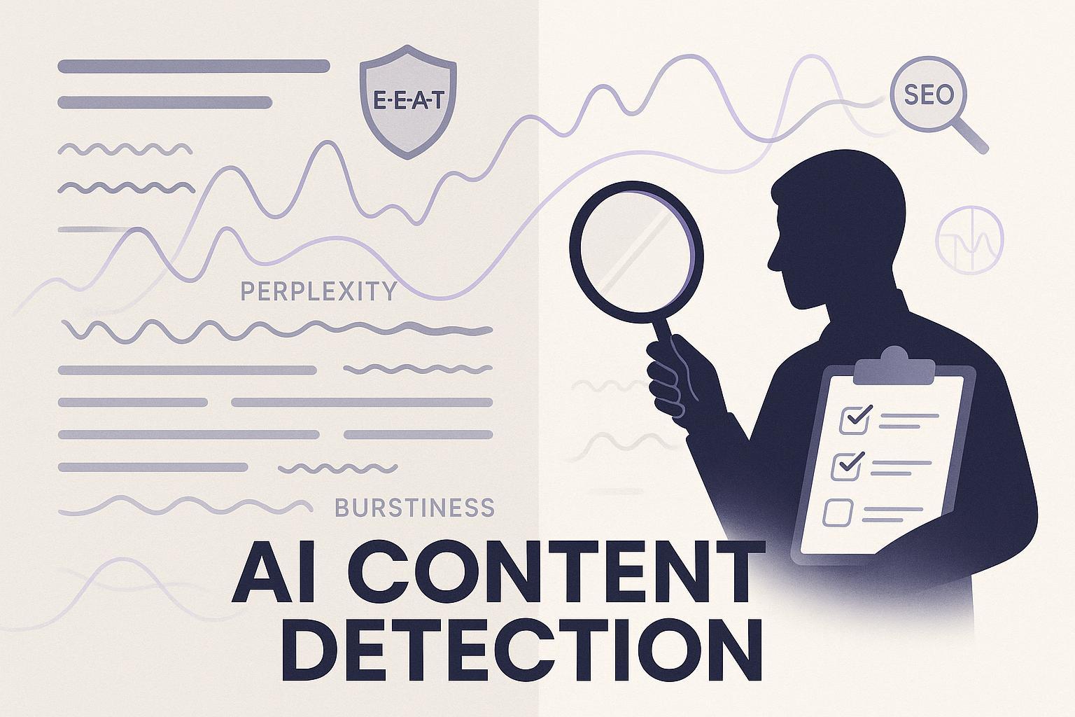 Illustration of an editor analyzing text patterns and metrics to understand AI content detection and SEO relevance