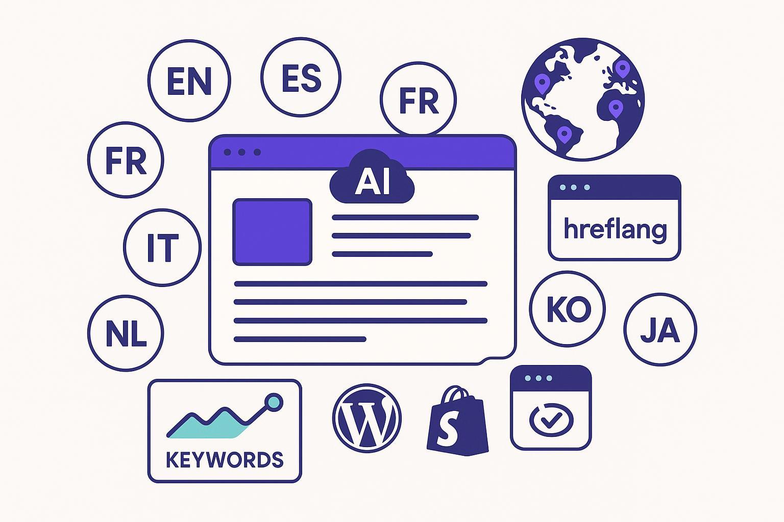 Illustration of an AI editor generating native multilingual marketing content with SEO elements and locale tags