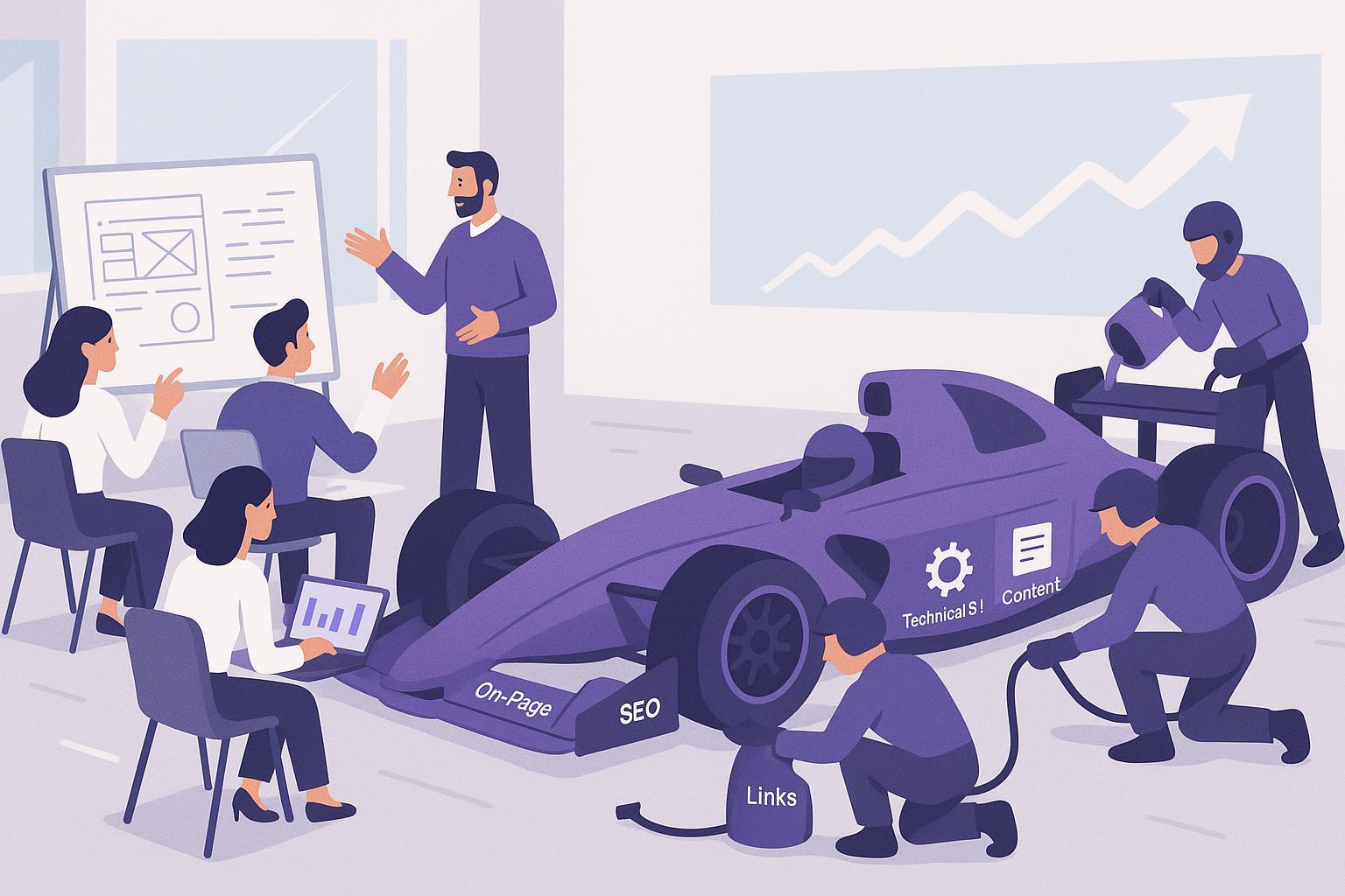 Cover image: a small marketing team and an external SEO pit crew planning next to a racecar, with icons for on-page, technical, content, and links, symbolizing how SEO agencies and tools work together.