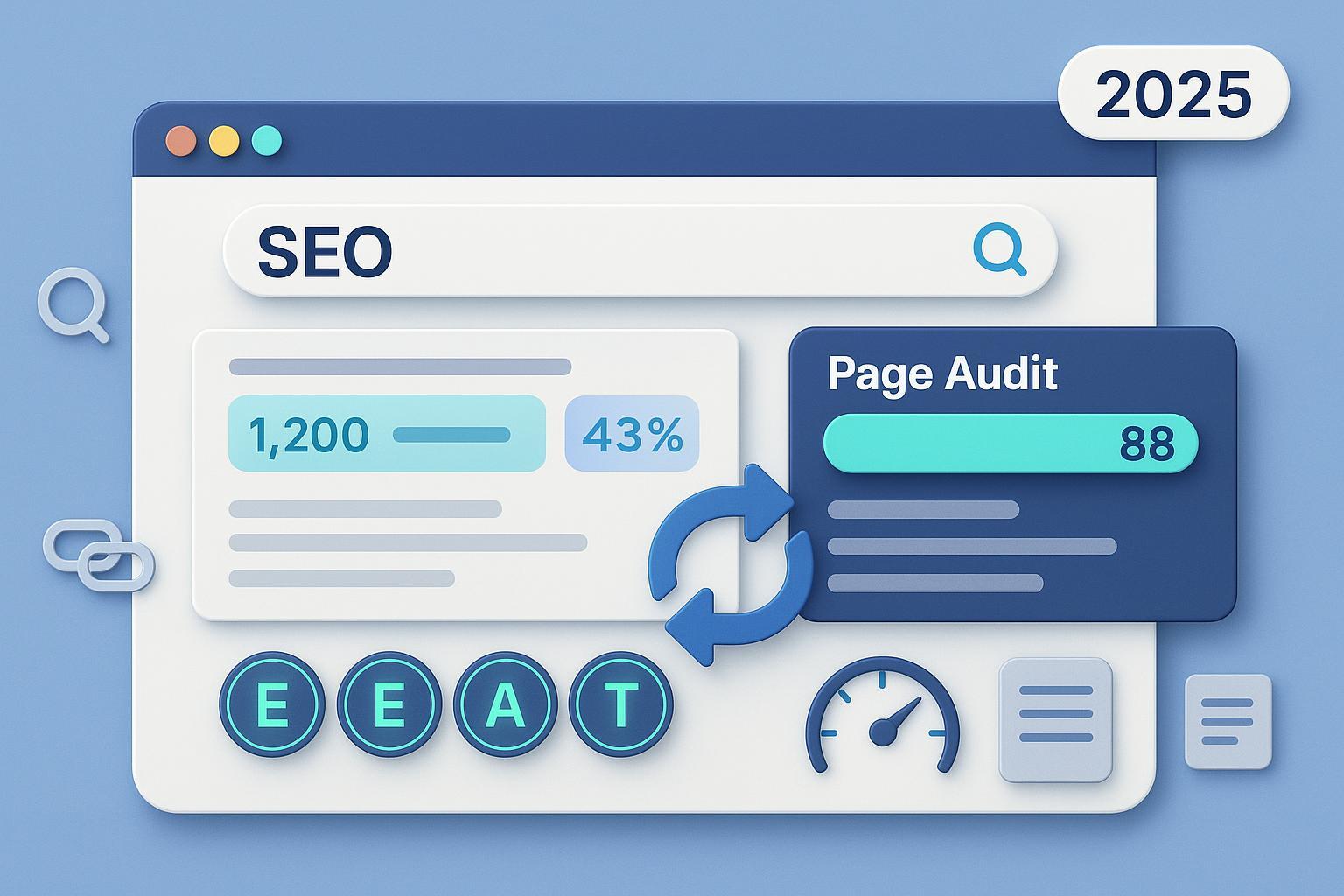 Illustrated Chrome window with SEO overlays and a 2025 tag
