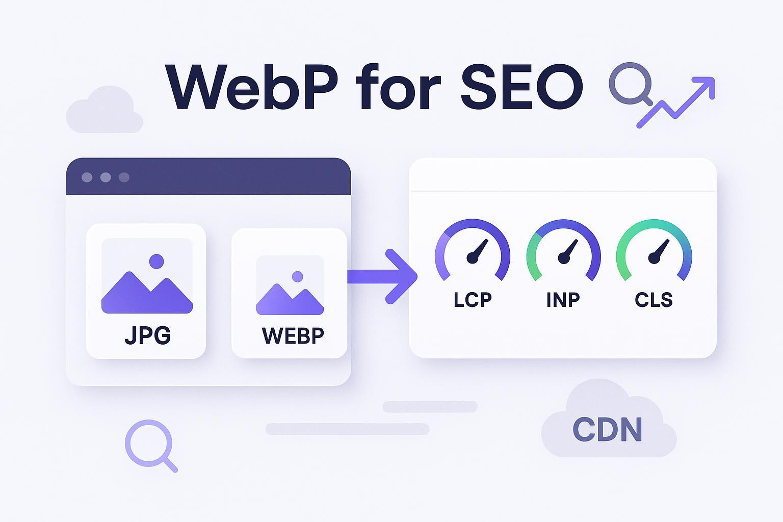 Cover image: WebP image optimization improving Core Web Vitals (LCP, INP, CLS) for SEO