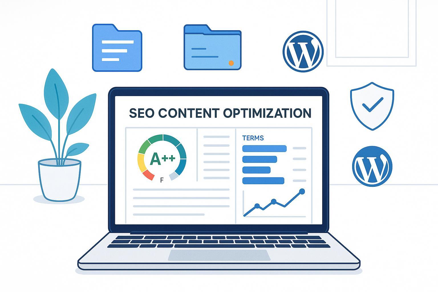 Illustration of an SEO content editor with grading meter, term suggestions, and monitoring icons for a Clearscope review