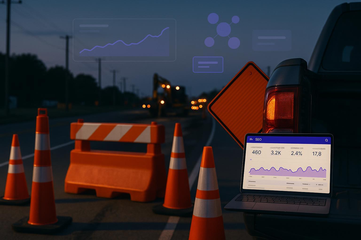Industrial roadwork scene with traffic cones and barriers, overlaid with SEO analytics graphics