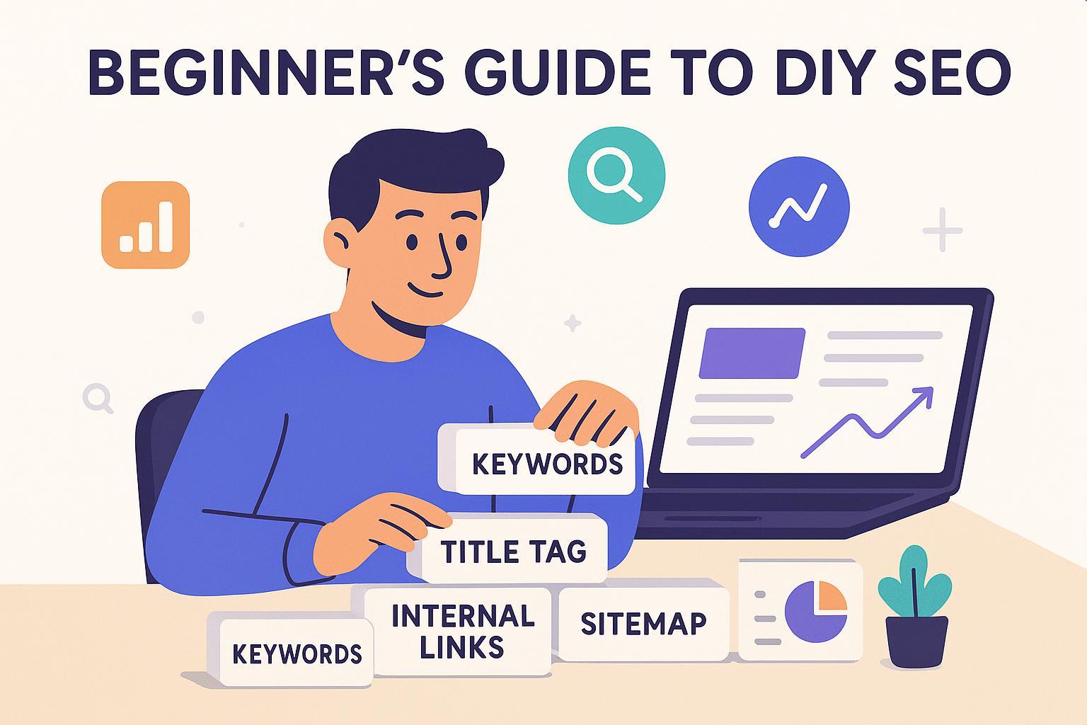 Illustrated small-business marketer arranging DIY SEO elements like keywords, title tags, internal links, sitemap, and analytics on a laptop workspace.