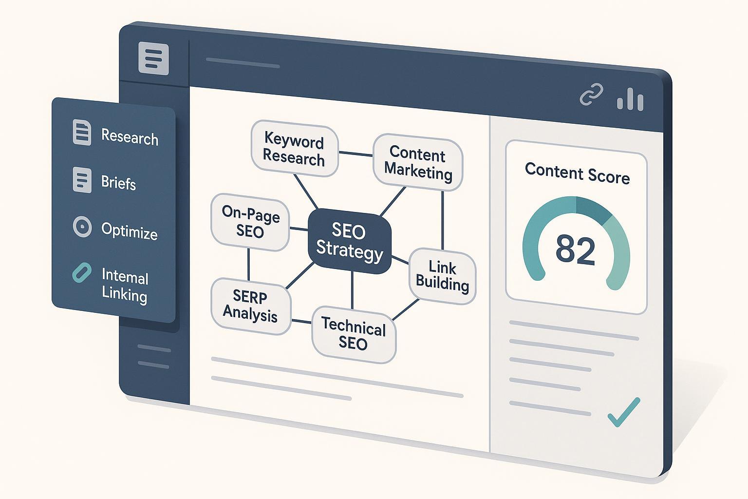 Illustrated SEO content planning dashboard with topic clusters, content score gauge, and workflow steps.
