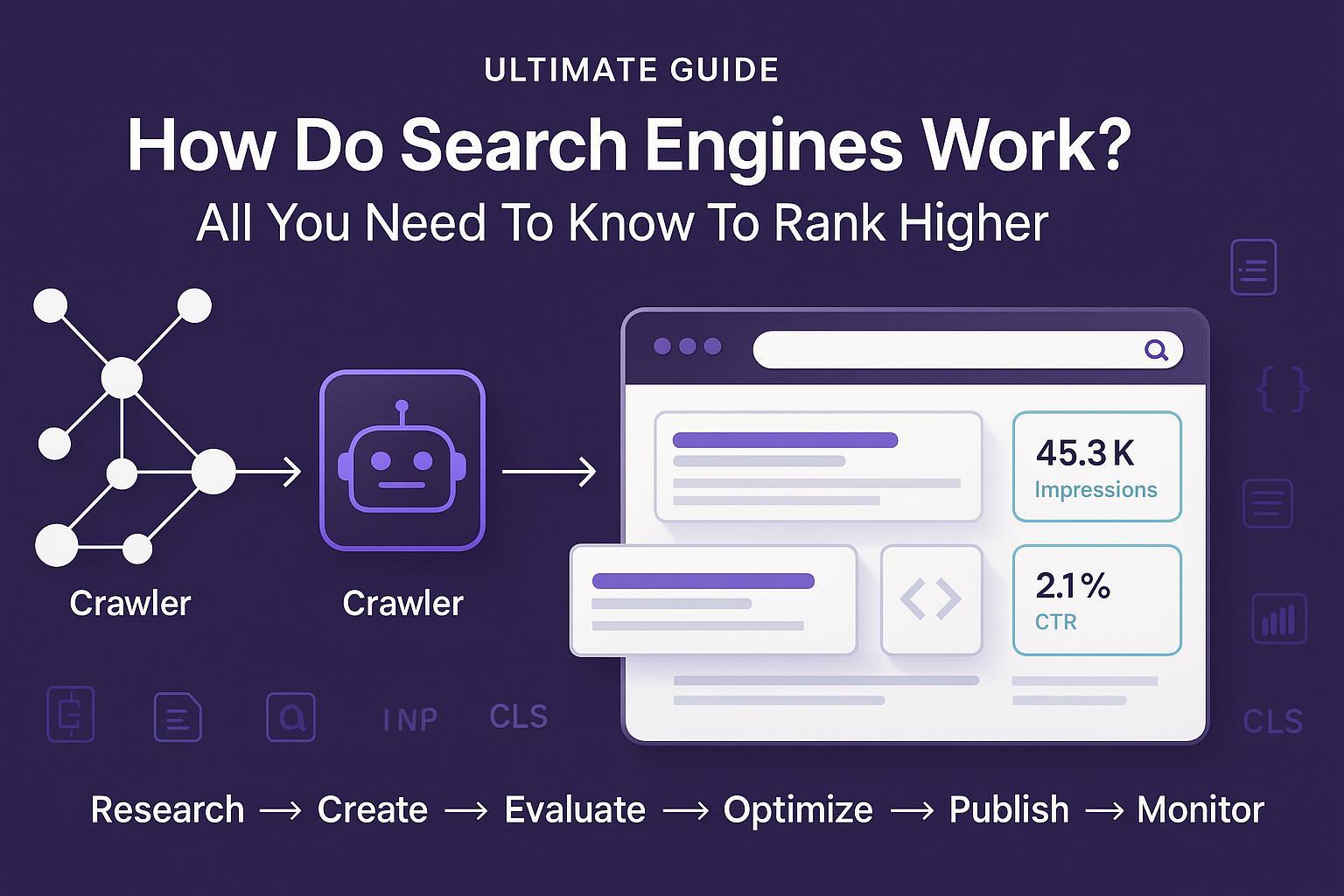 Cover visualization of the search engine pipeline from crawl to index to rank, with the rank-higher workflow overlay.