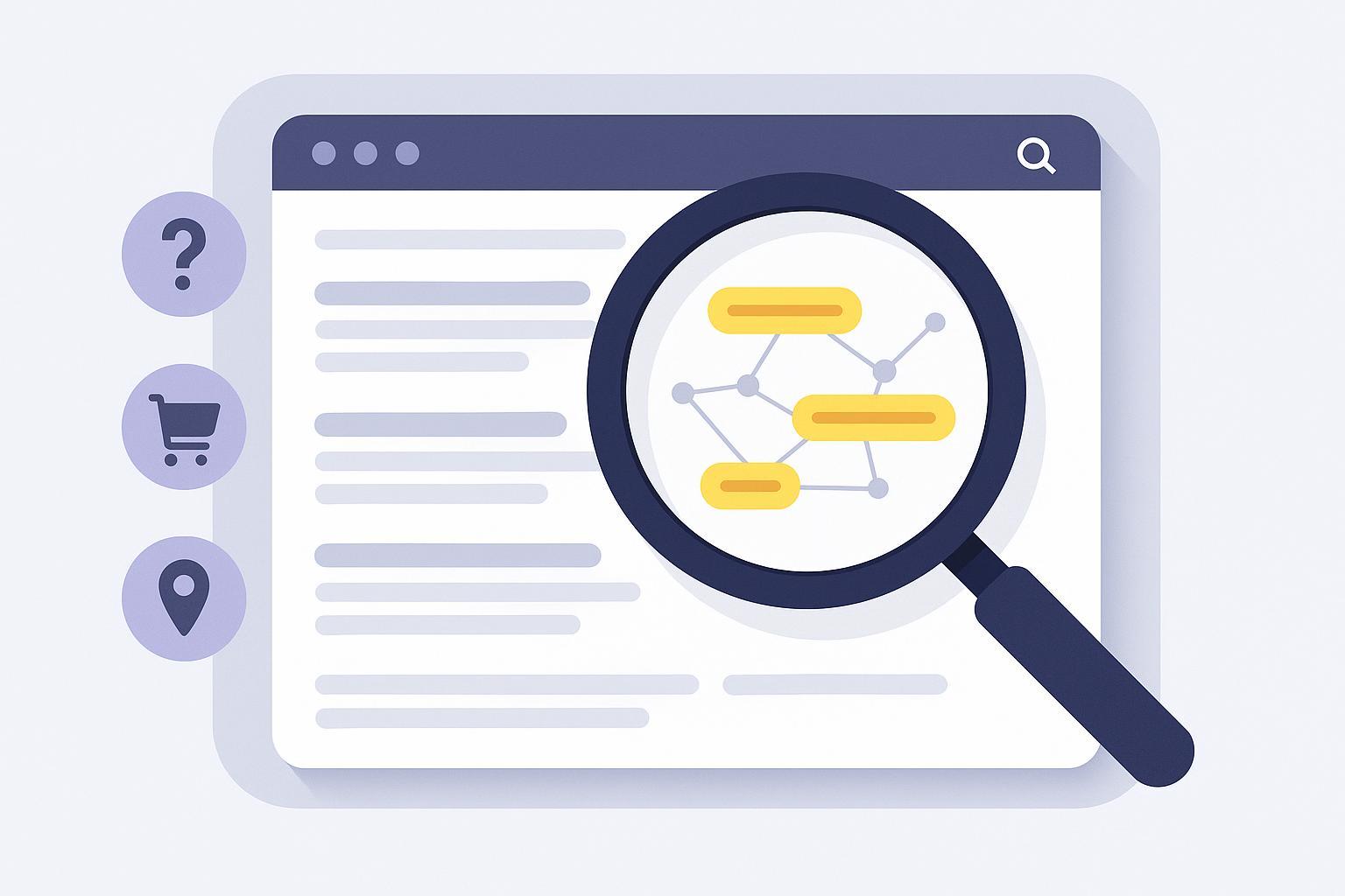 Illustration of a search page with highlighted keywords forming clusters, indicating different user intents.