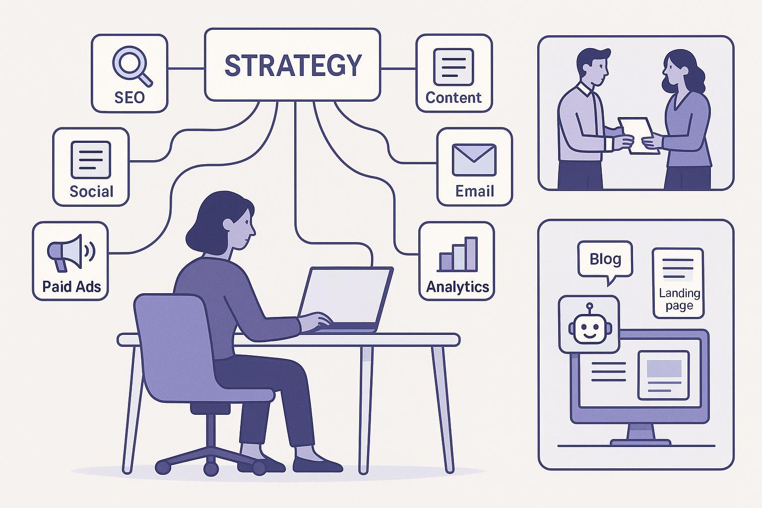 Illustration of an SMB marketer coordinating SEO, social, email, paid ads, PR, and analytics with support from an external agency and AI for blogs and landing pages.