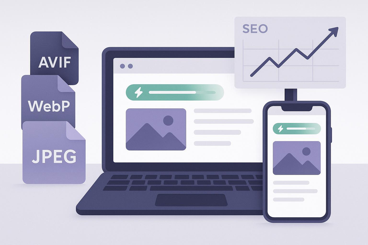 Illustration of a fast-loading webpage with AVIF, WebP, and JPEG image icons arranged to indicate format fallbacks and improved SEO performance.