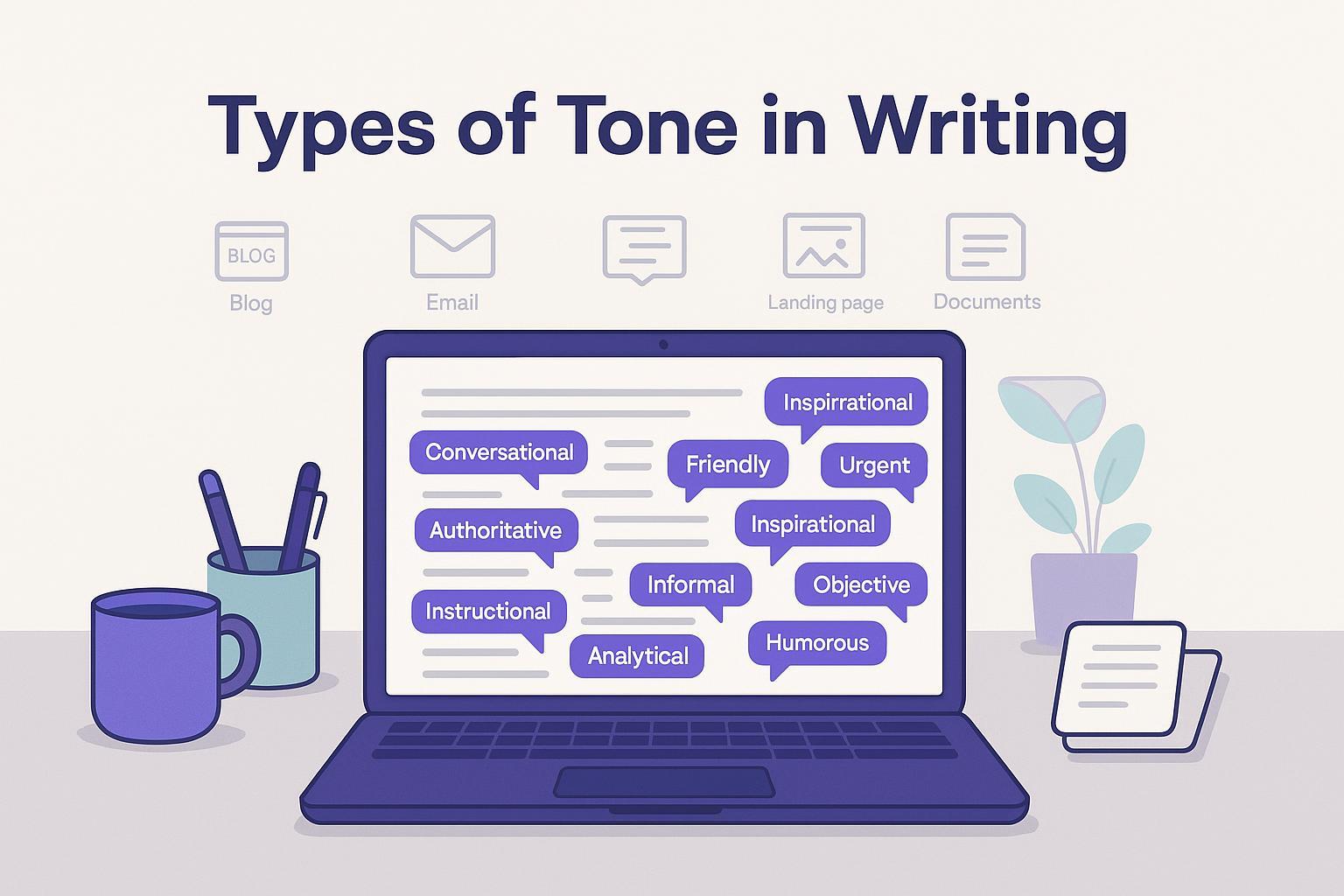 Cover illustration: laptop with document transforming into labeled speech bubbles representing different writing tones for marketing channels.