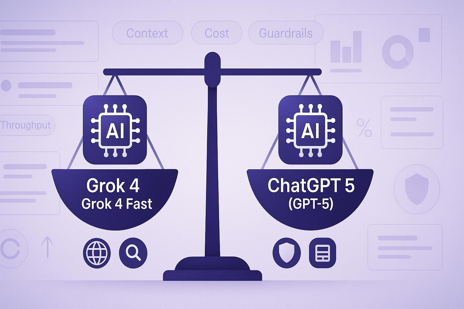 Cover image: balanced scales comparing xAI Grok 4 / Grok 4 Fast and OpenAI ChatGPT 5 (2025) for SEO research and content workflows