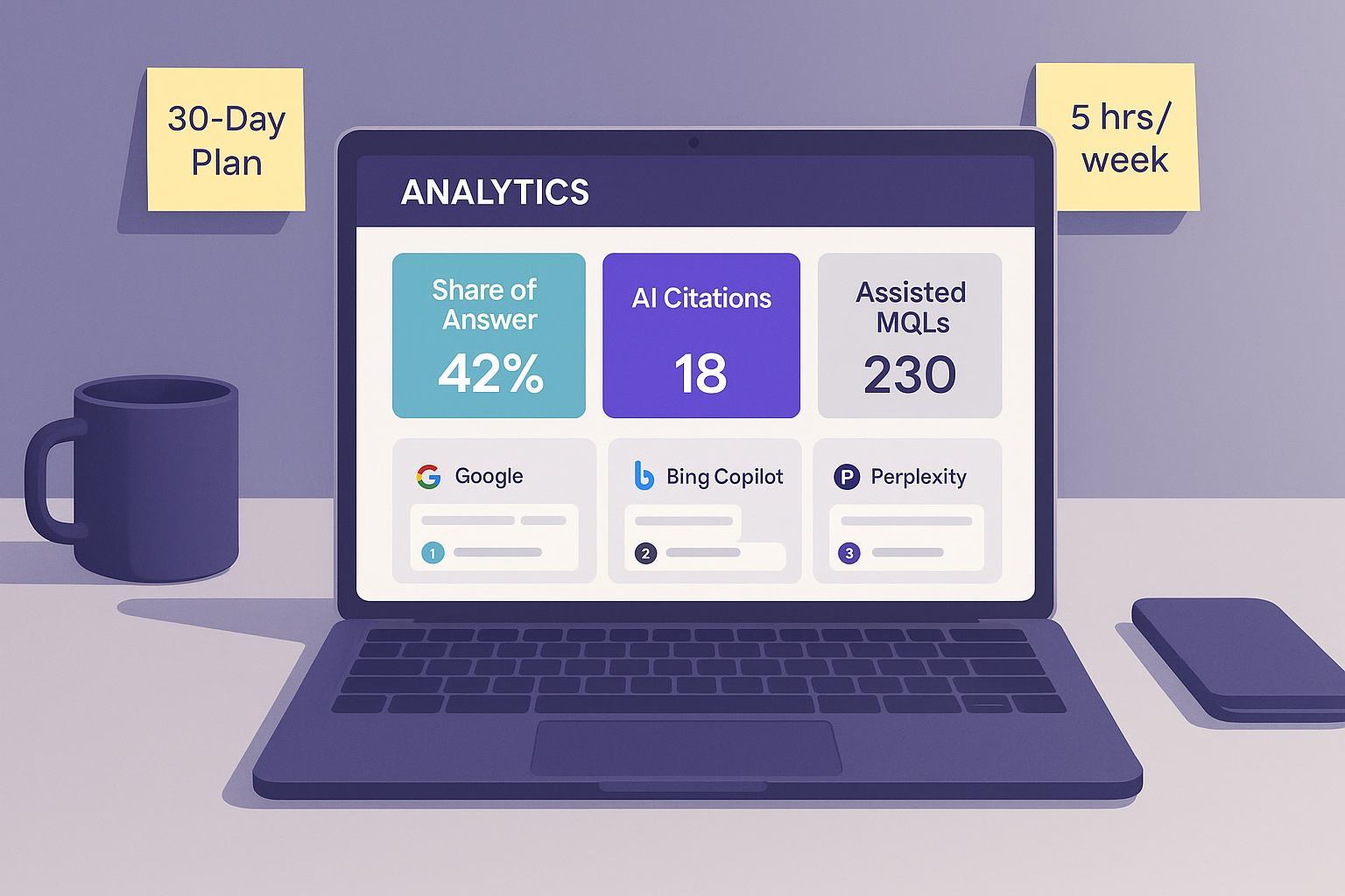 SMB marketer dashboard showing Share of Answer, AI citations, and assisted MQLs with AI search cards