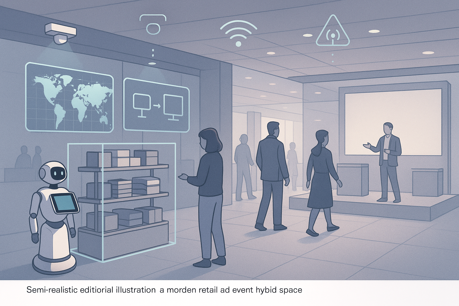 Illustration of a phygital retail-event space with sensor overlays, a planning flow, and adaptive content screens, representing embodied AI in marketing.