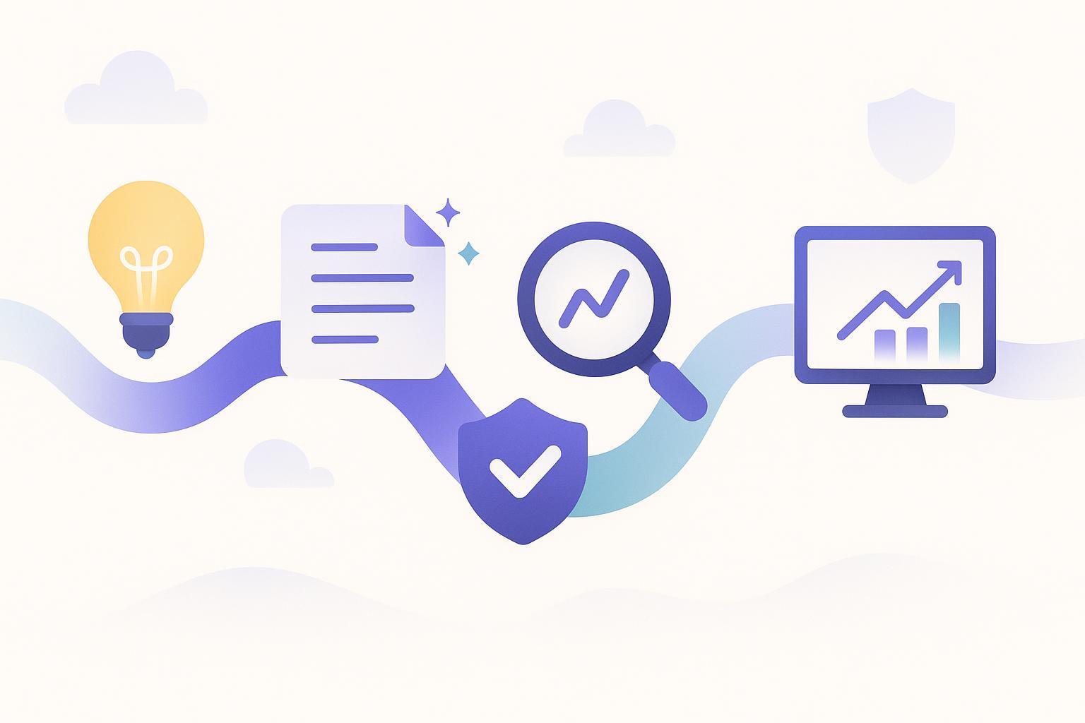Beginner-friendly roadmap from idea to AI drafting to SEO optimization and measurement, styled for a 2025 guide.