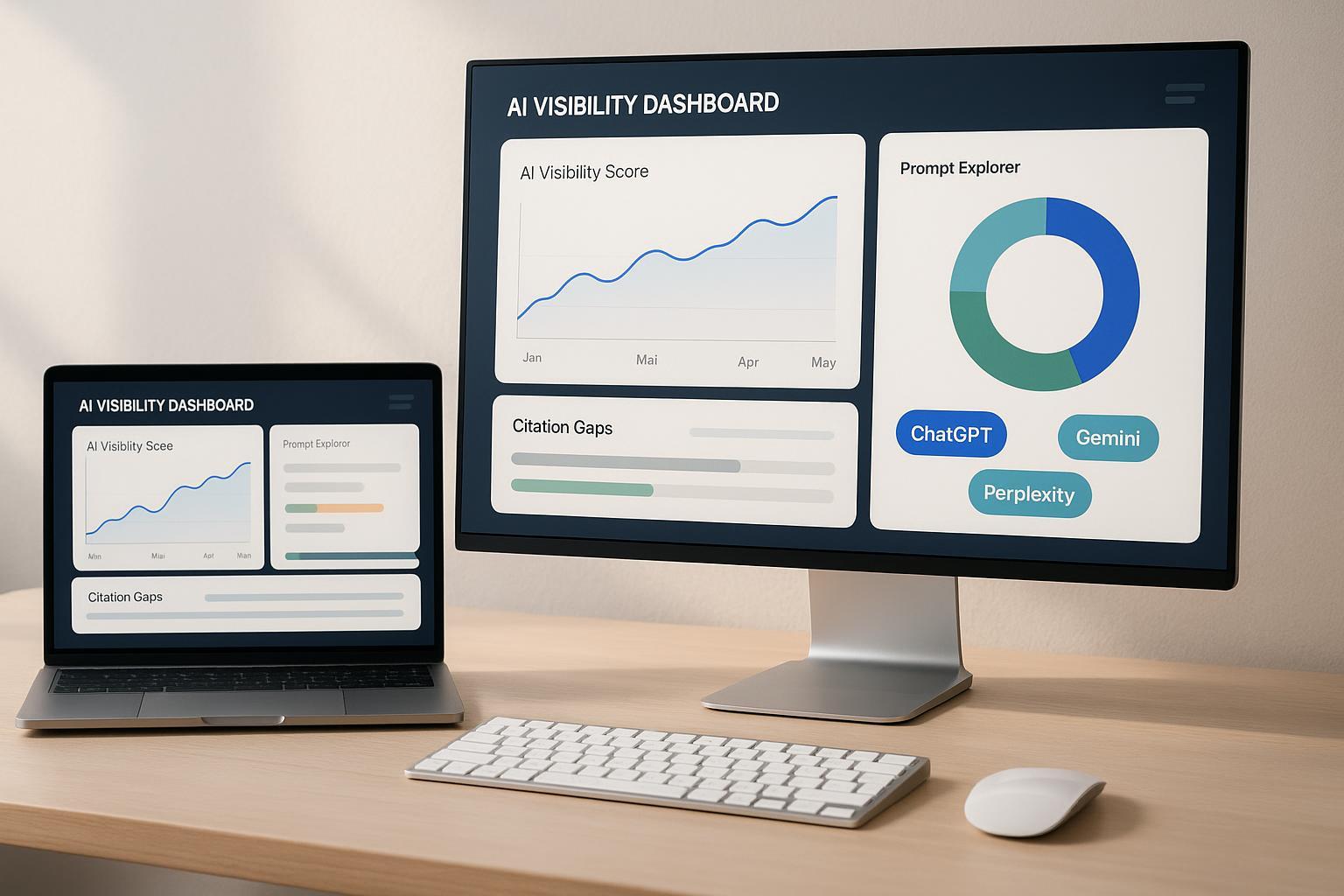 Workspace with AI visibility dashboards for ChatGPT, Gemini, and Perplexity on laptop and monitor, highlighting trend lines, share of voice, and citation gaps.