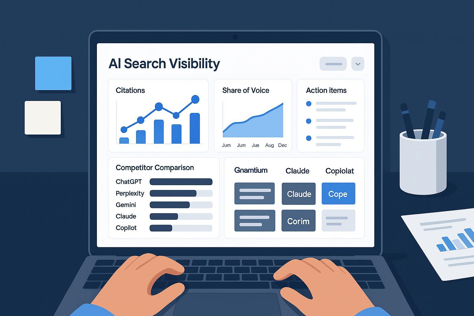 Cover image: dashboard-style illustration tracking AI search visibility across ChatGPT, Perplexity, Google AI Overviews, Gemini, Claude, and Copilot with citation graphs and action items.