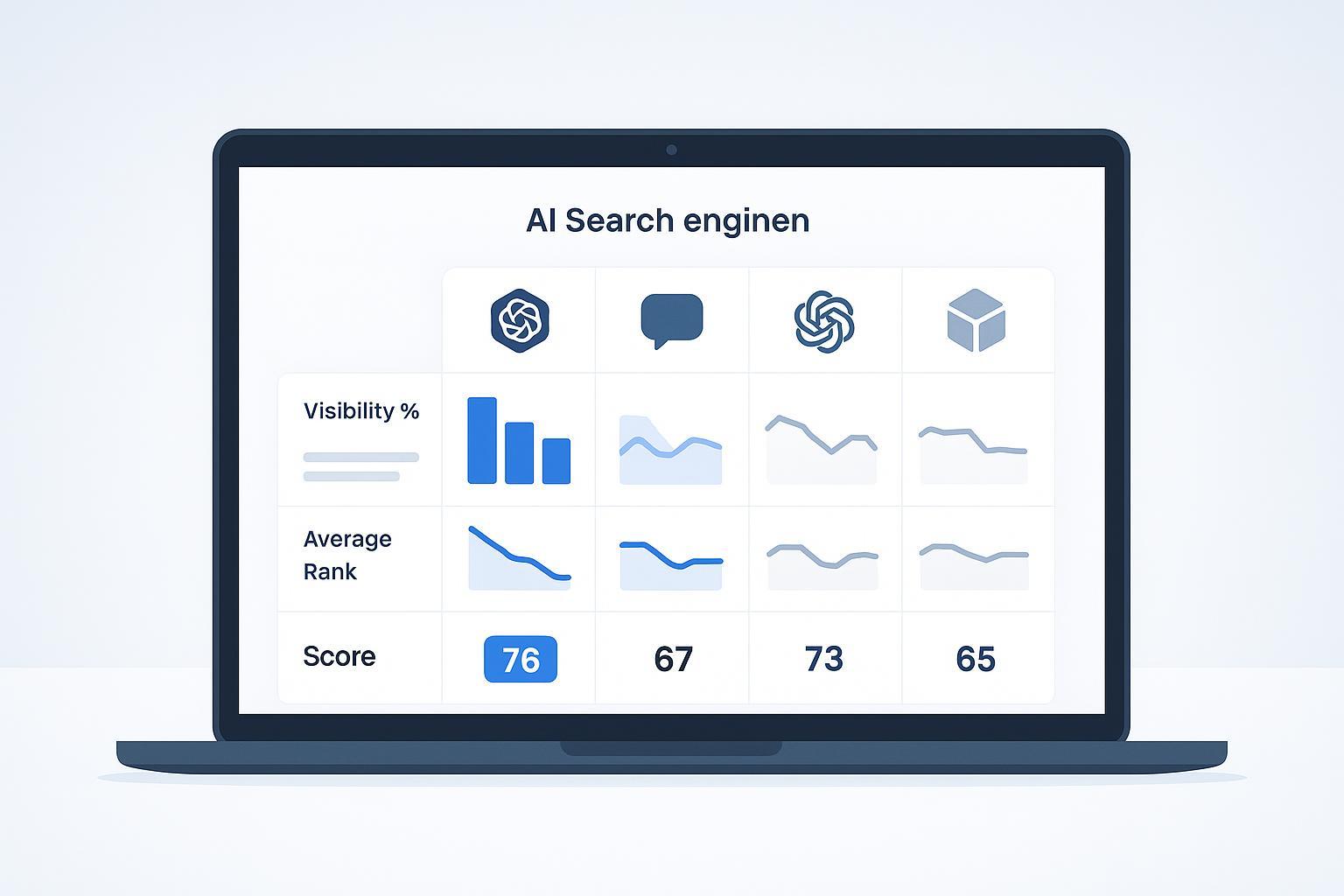Dashboard-style illustration showing multi-engine AI visibility metrics: visibility percentage, average rank, and composite AI Search Score.