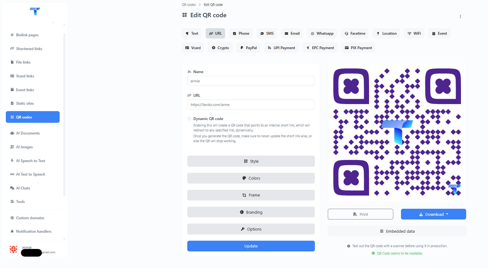 Generate the QR Code with dynamic tracking options