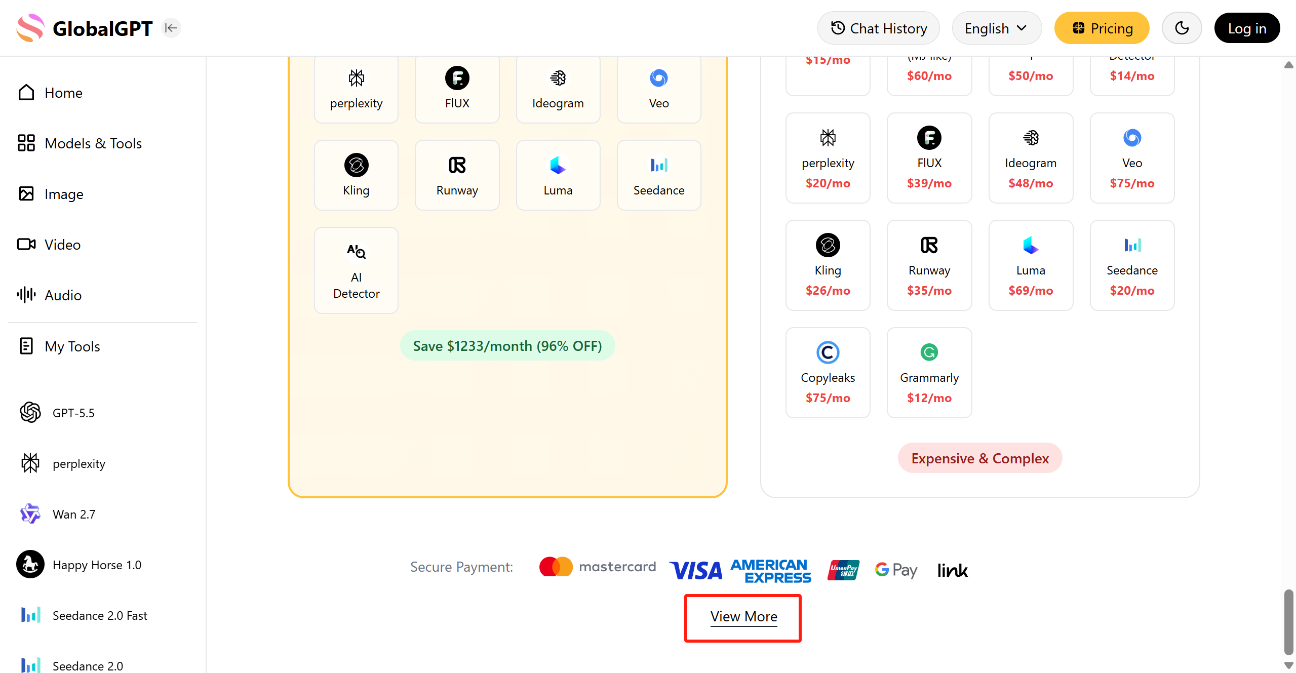 f you want to see the exact cost per token for each model on GlobalGPT, you can find the full details by clicking "View More" at the bottom of their Pricing page.