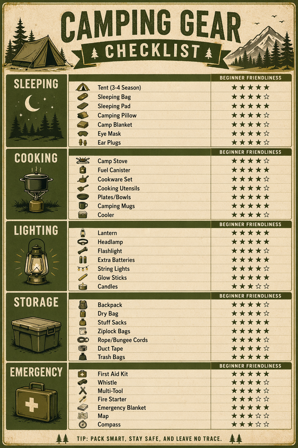Prompt: A vertical "Camping Gear Checklist" infographic. Five sections: Sleeping, Cooking, Lighting, Storage, and Emergency. Each section lists 7 specific items with a small icon and a 5-star rating for "Beginner Friendliness." Khaki green and paper-textured background.
