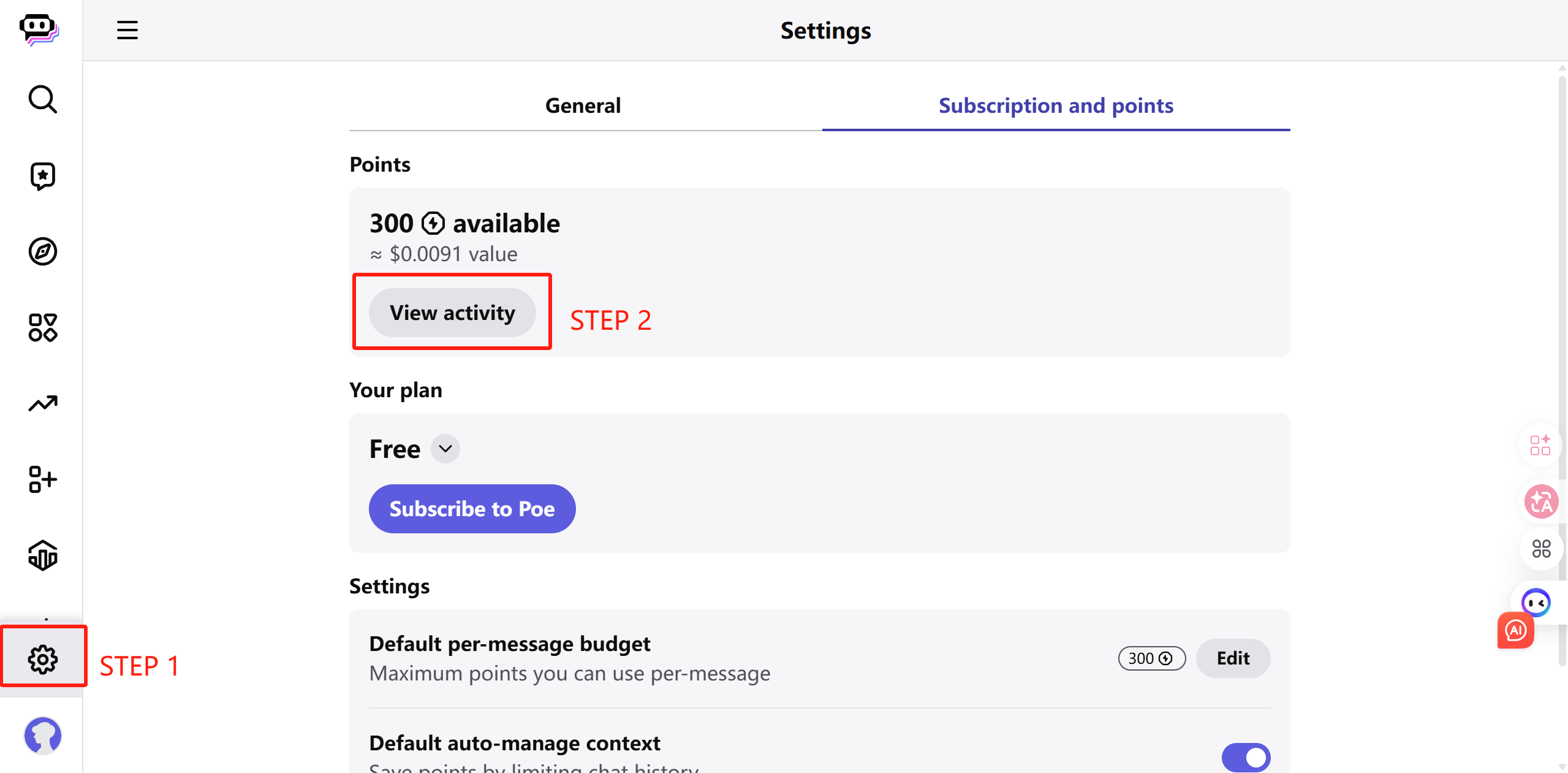 The daily consumption can be viewed in "Settings → Subscription and points → Points: View activity".