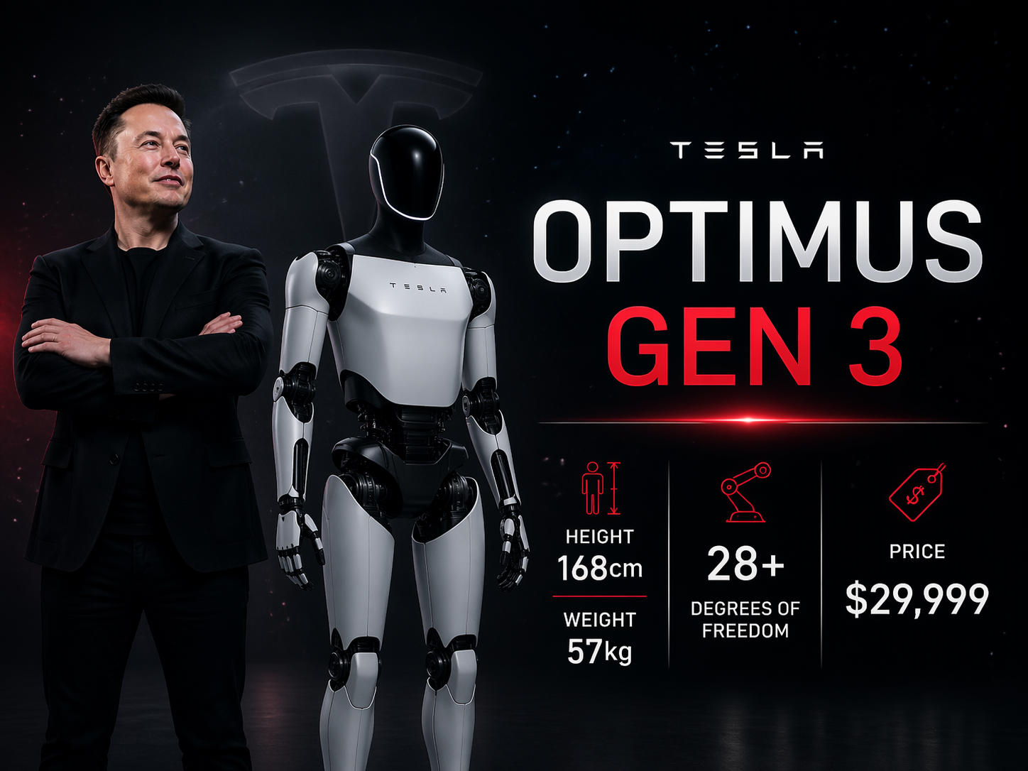 Prompt: A Tesla-style robot release poster. Elon Musk stands on the left, next to an Optimus Gen 3 robot. Dark tech background with star particles. Large text: "OPTIMUS GEN 3". Below, three columns of specs: "Height 168cm / Weight 57kg," "28+ Degrees of Freedom," "Price $29,999."