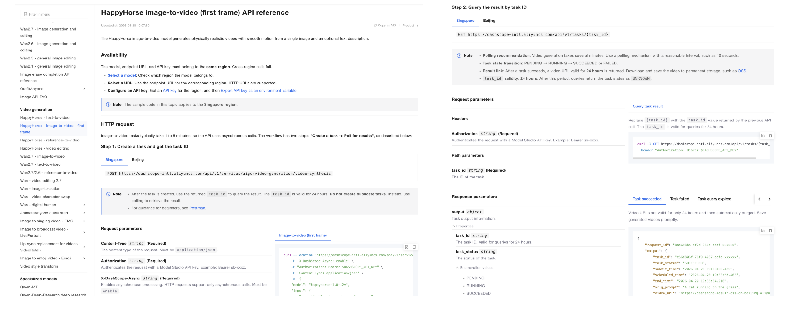 HappyHorse video generation uses an asynchronous API flow in Alibaba Cloud’s documentation. The T2V and I2V API references both describe the process as: