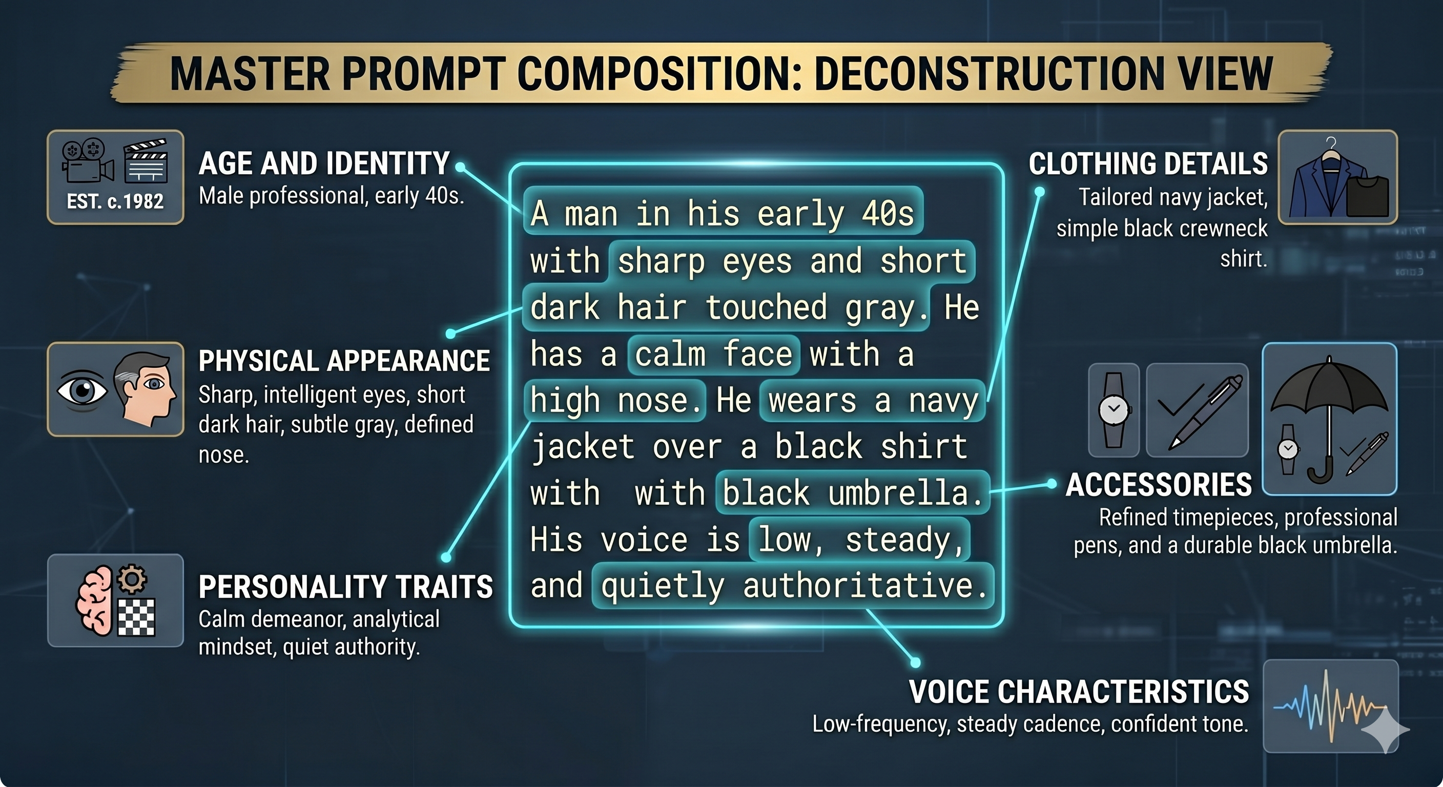 Include: physical appearance, age and identity, clothing details, accessories, personality traits, voice characteristics