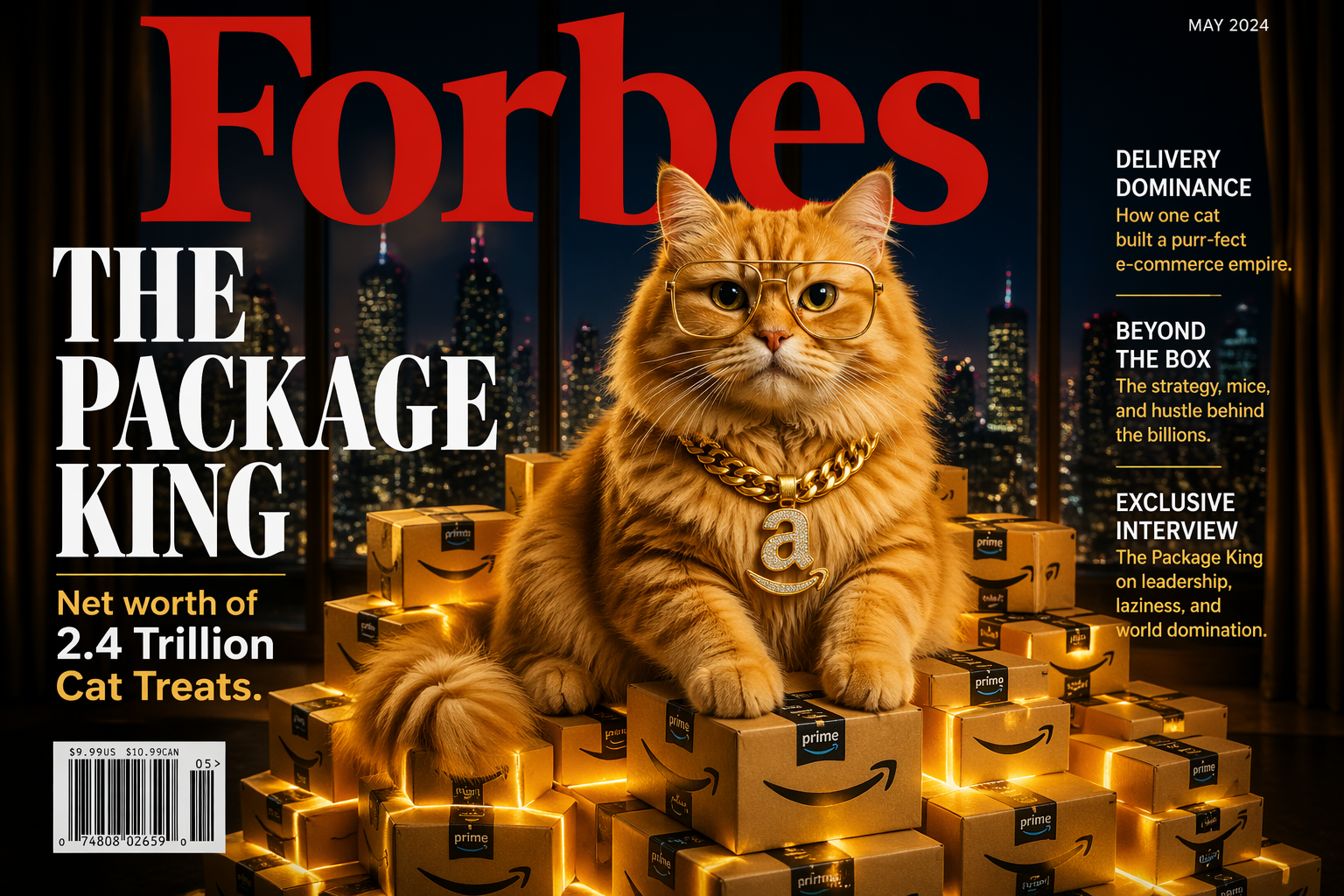 Prompt: A Forbes magazine cover. The subject is a fluffy orange cat wearing gold-rimmed glasses and a thick gold chain, sitting on a pile of glowing Amazon boxes. Big title: "THE PACKAGE KING". Subtitle: "Net worth of 2.4 Trillion Cat Treats." Classic red magazine logo and barcode included.