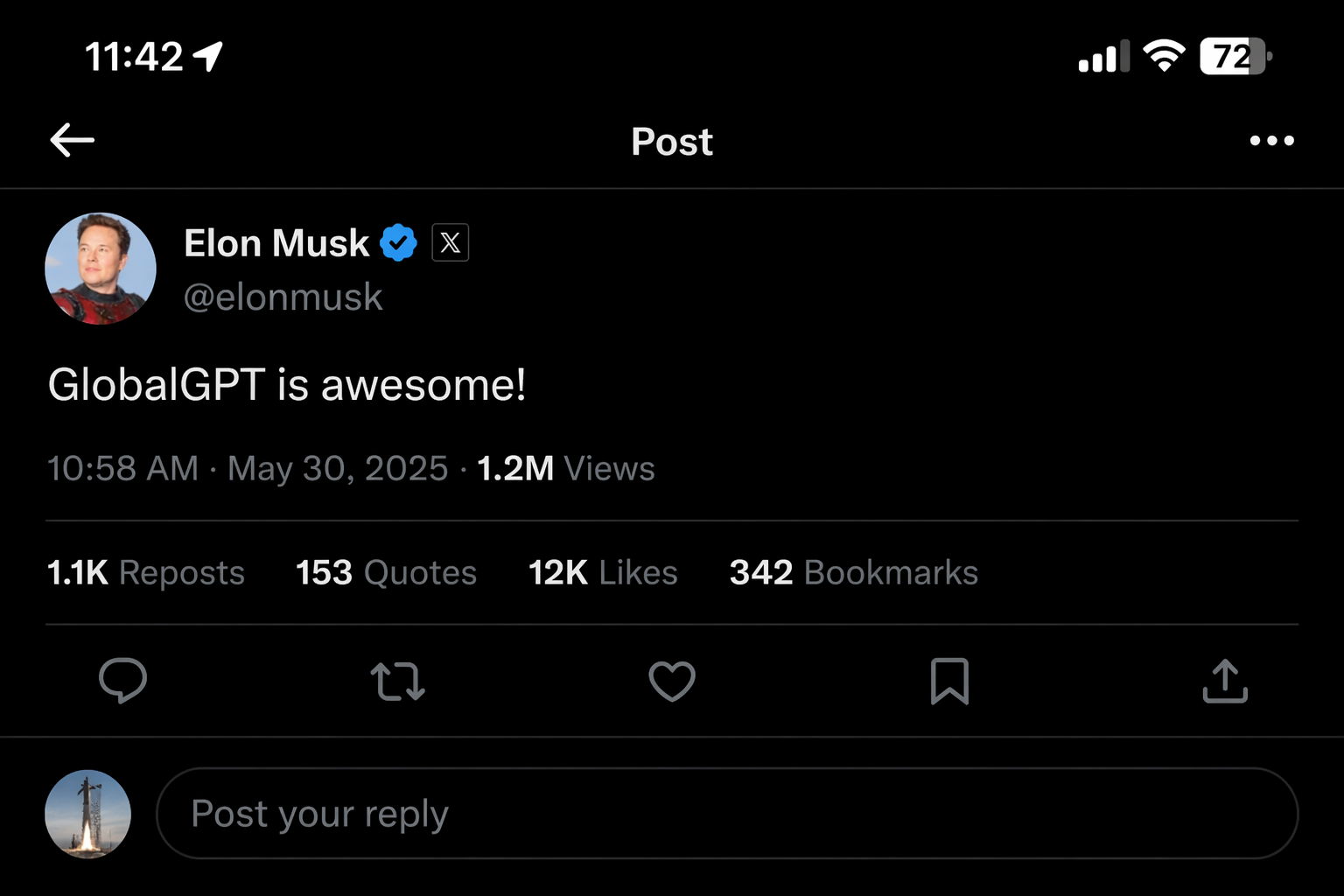 Prompt: An X (Twitter) tweet screenshot. Dark mode. Verified account @OpenAI posts: "ChatGPT Image 2 is officially live today. 99% text accuracy is here." The tweet includes 31K Retweets, 198K Likes, and 18.4M Views. The font and icon placement are identical to the real Twitter interface.