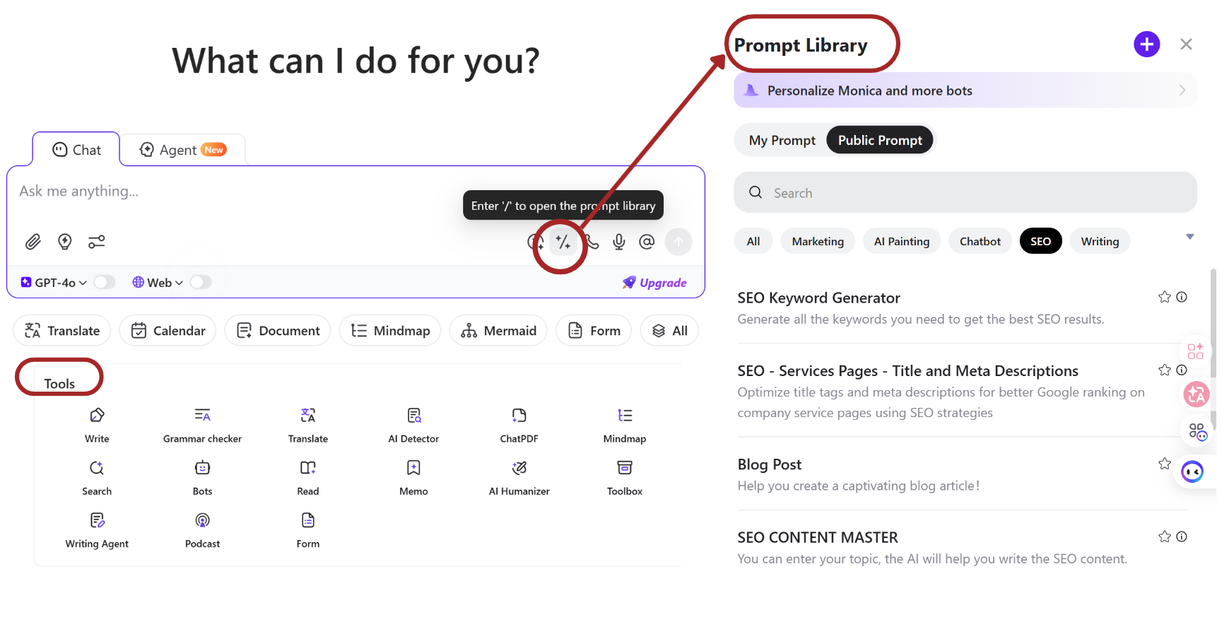 Another Monica’s best feature is its massive Prompt Library. Instead of struggling to find the right words, you can access a huge collection of high-quality prompts designed for models like ChatGPT, Claude, and Gemini.